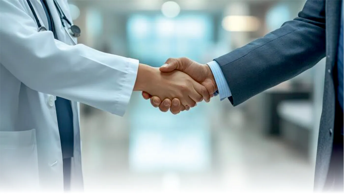 A veterinarian shaking hands with a Vetnova representative